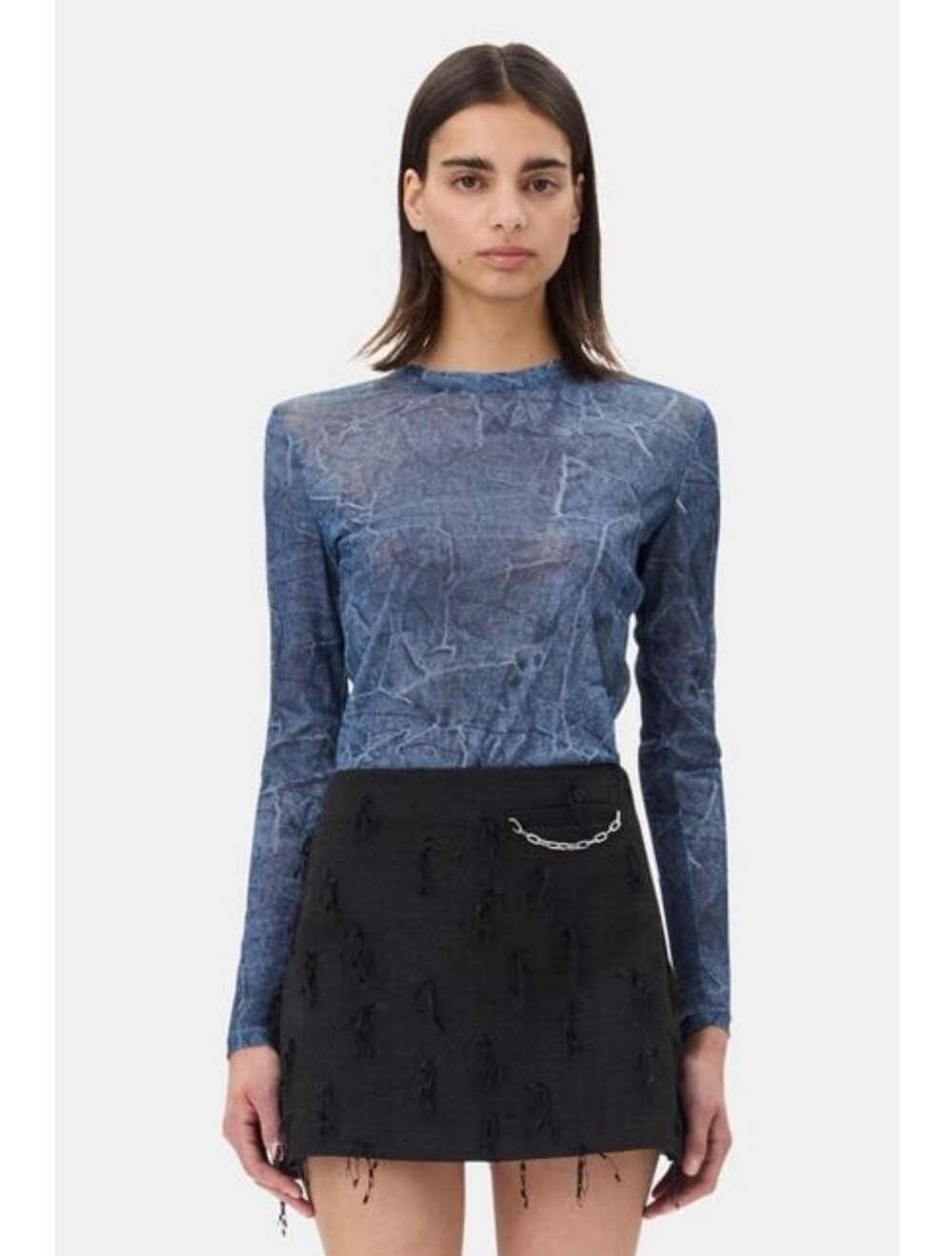 Ganni Indigo Tie-Dye Denim Color Sheer Long Sleeve Top
